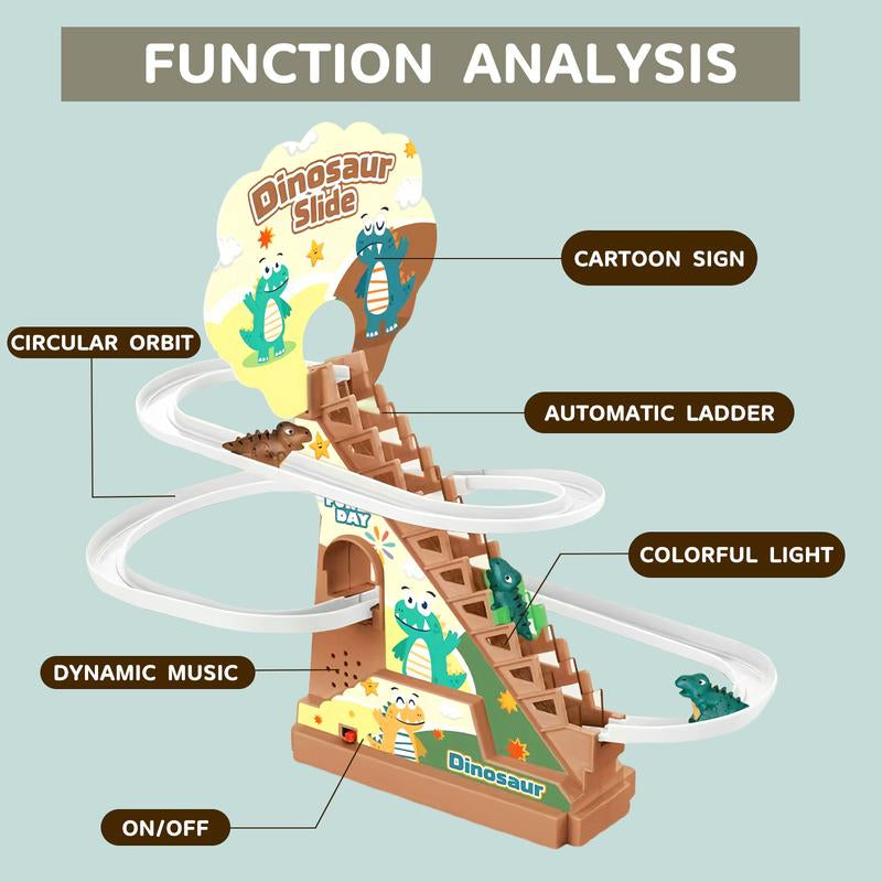 Dinosaur Climbing Stairs Track Slide Toy, Electric Dinosaur Stairs Climbing Slide Toy with 3 Cars, Climbing Track Toy for Kids