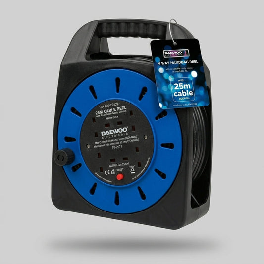 4 Gang E x tension Reel With 25 Metre Cable – Heavy Duty Handbag Reel