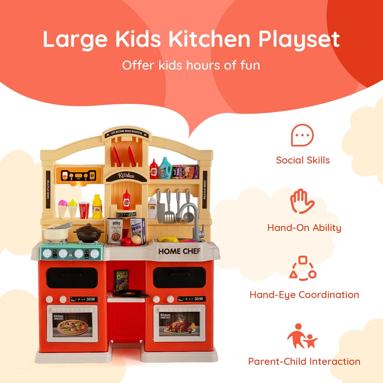 Kids Kitchen Pretend Play Playset Toy with Boiling and Vapour Mist Effects - 69 Pieces