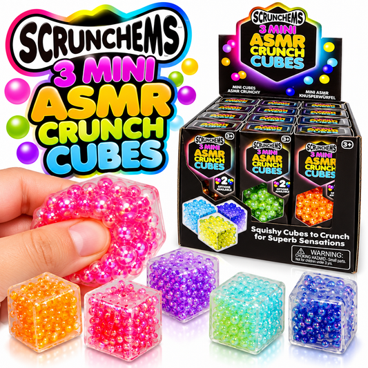 Scrunchems 3 Mini ASMR Crunch Cubes packaging and colourful bead-filled squishy cubes