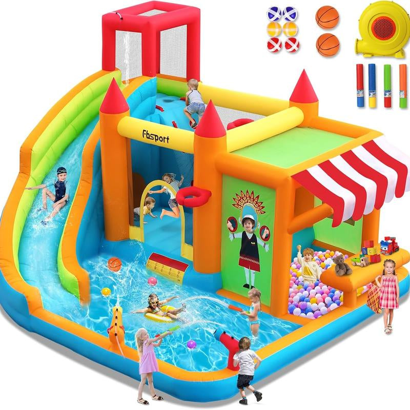 FBSPORT Inflatable Bounce House Water Slide for Kids with Toy Market Splash Pool Bouncer Castle Climbing Wall Ball Dart W/620W Blower Outdoor Indoor