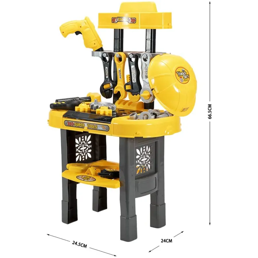 Pretend Play Work Bench Tool Kit with Drill Hammer Working Gears & Safety Helmet Play Set