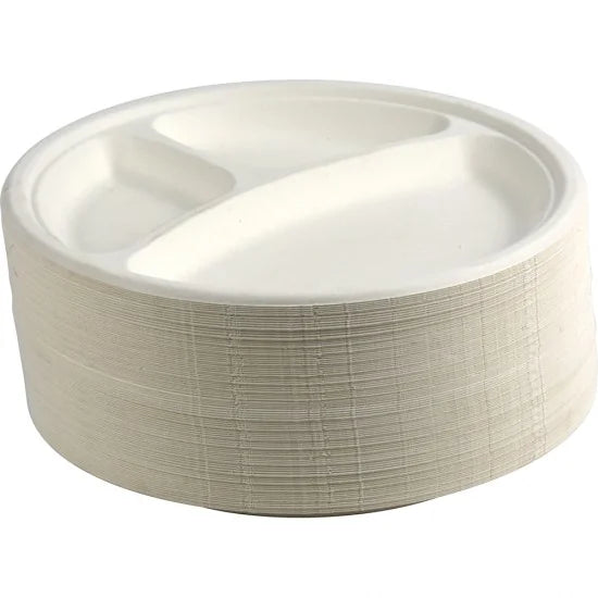 Disposable Compostable Eco-Bio Bagasse Sugarcane 3 Compartment Plates 10" Pack of 100 ST81812