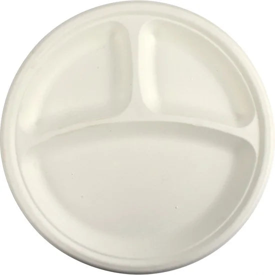 Disposable Compostable Eco-Bio Bagasse Sugarcane 3 Compartment Plates 10" Pack of 100 ST81812