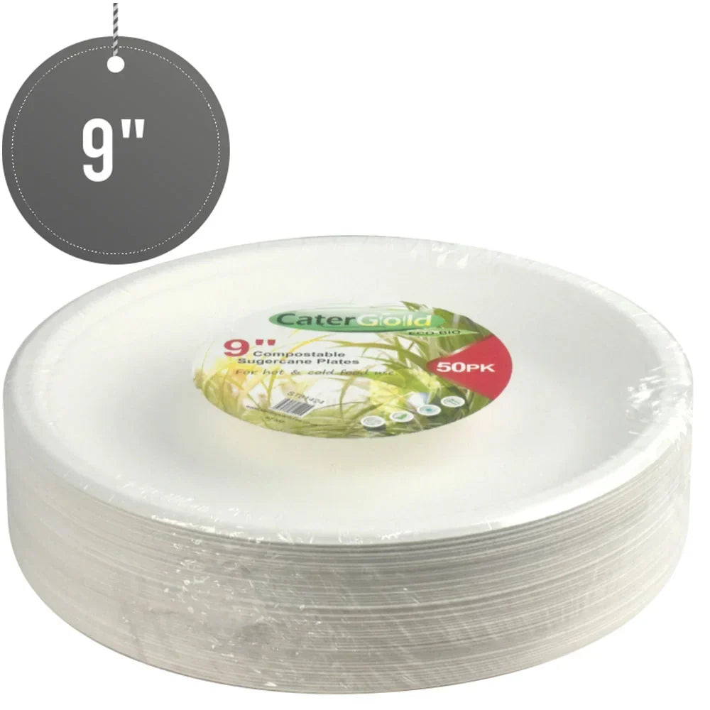 Disposable Compostable Eco-Bio Bagasse Sugarcane Plates 9" Pack Of 50