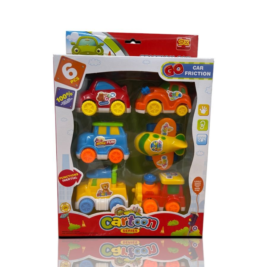 Friction Powered Toy Cars, 6 Pack Cartoon Style