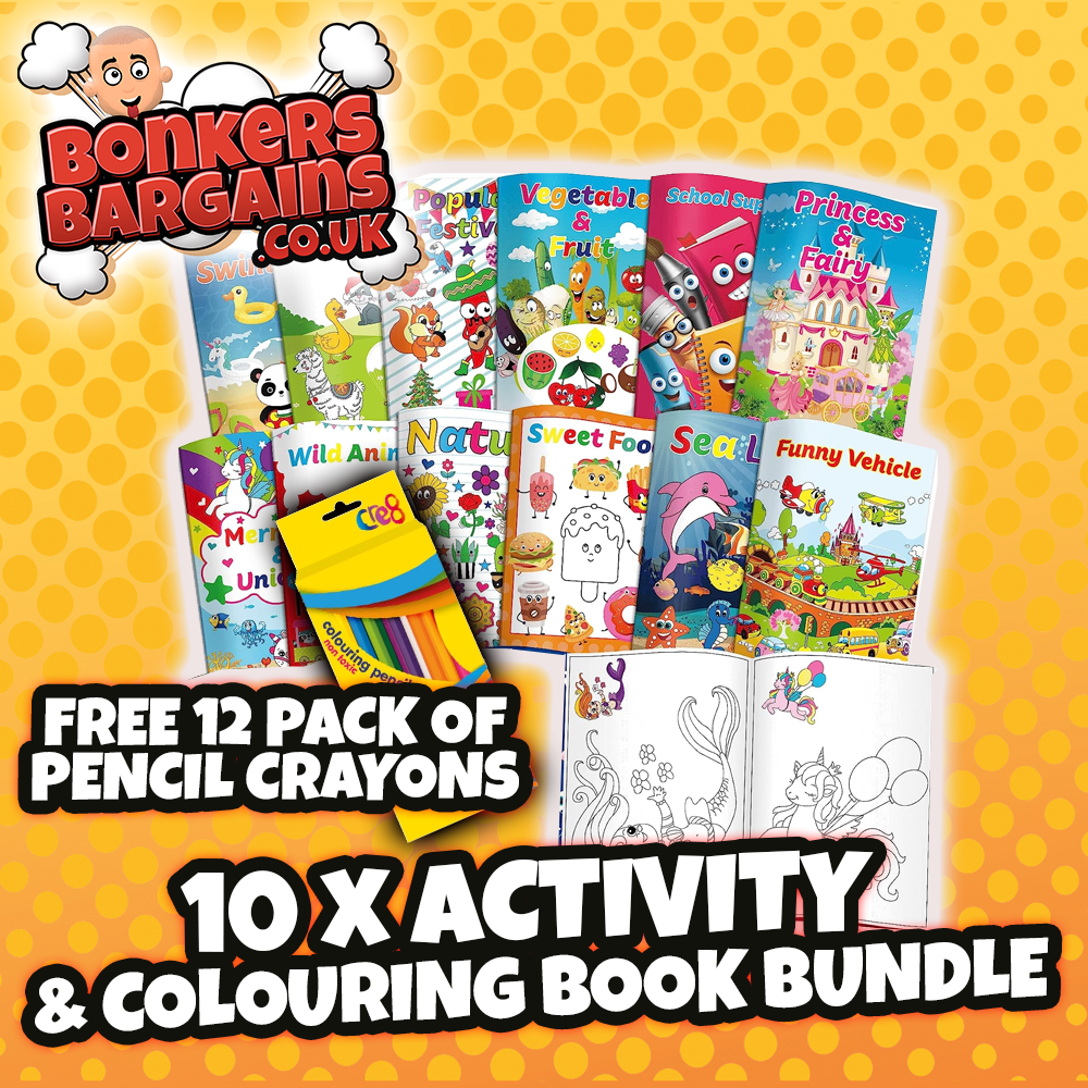 10 x Activity & Colouring Book Bundle with FREE 12 PACK PENCIL CRAYONS