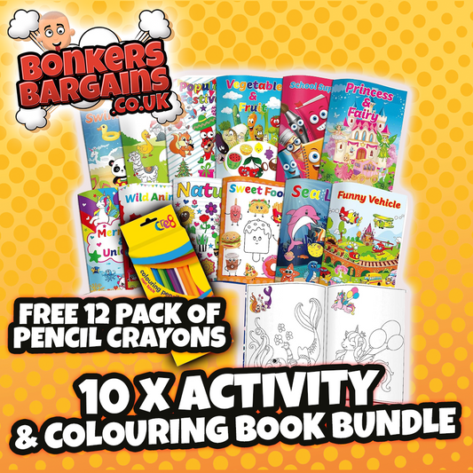 10 x Activity & Colouring Book Bundle with FREE 12 PACK PENCIL CRAYONS