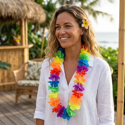 Neon Rainbow Hawaiian Flowers Hula Lei Garland, Length