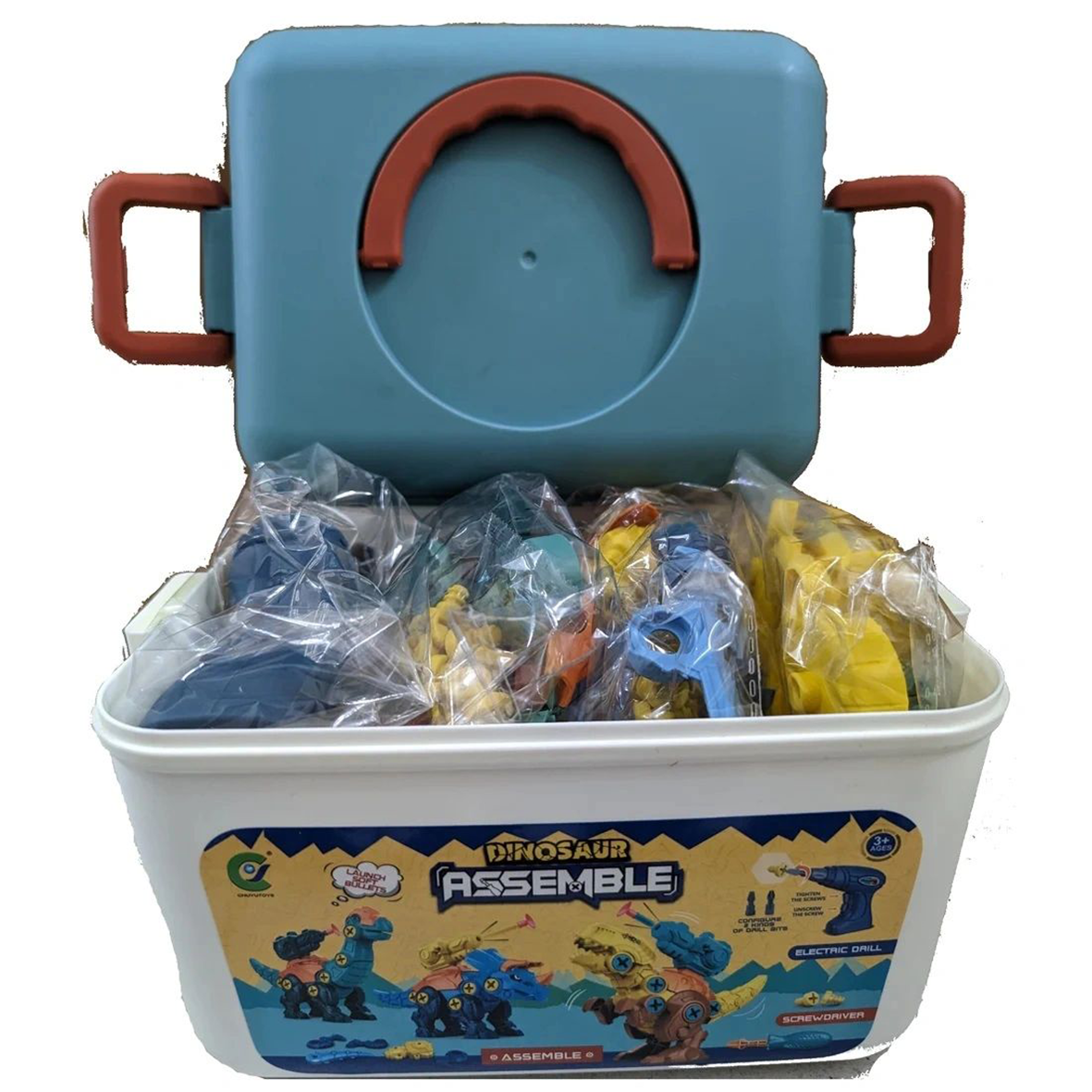 Dinosaur Building Set 3 Dinosaurs In A Bucket With Electric Drill & Screwdriver
