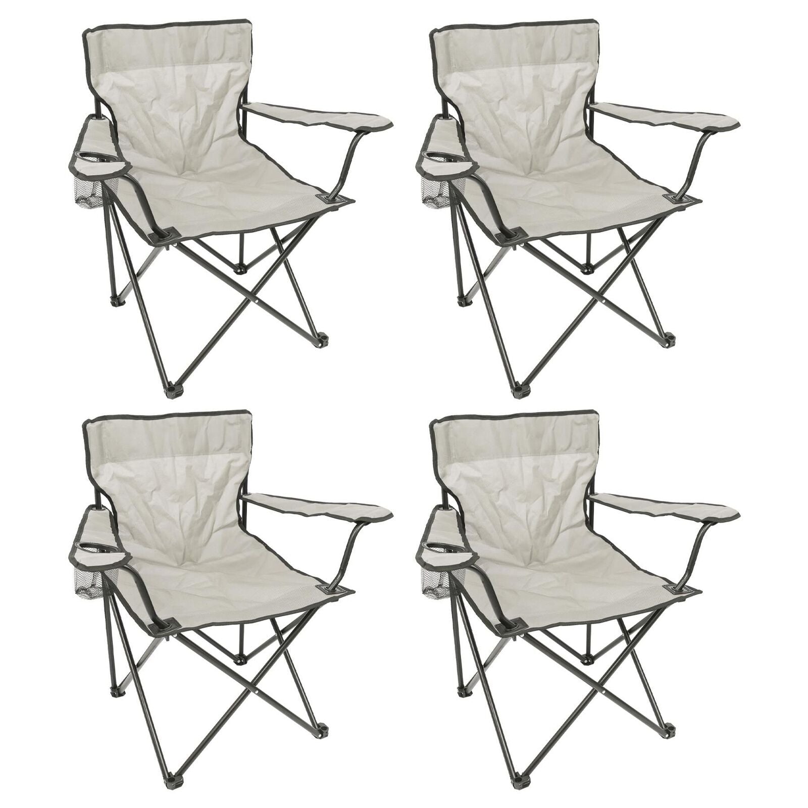 Camping Chair Bundle - 4 x Matt Black/Beige Folding Canvas Camping Fishing Chairs with Bags