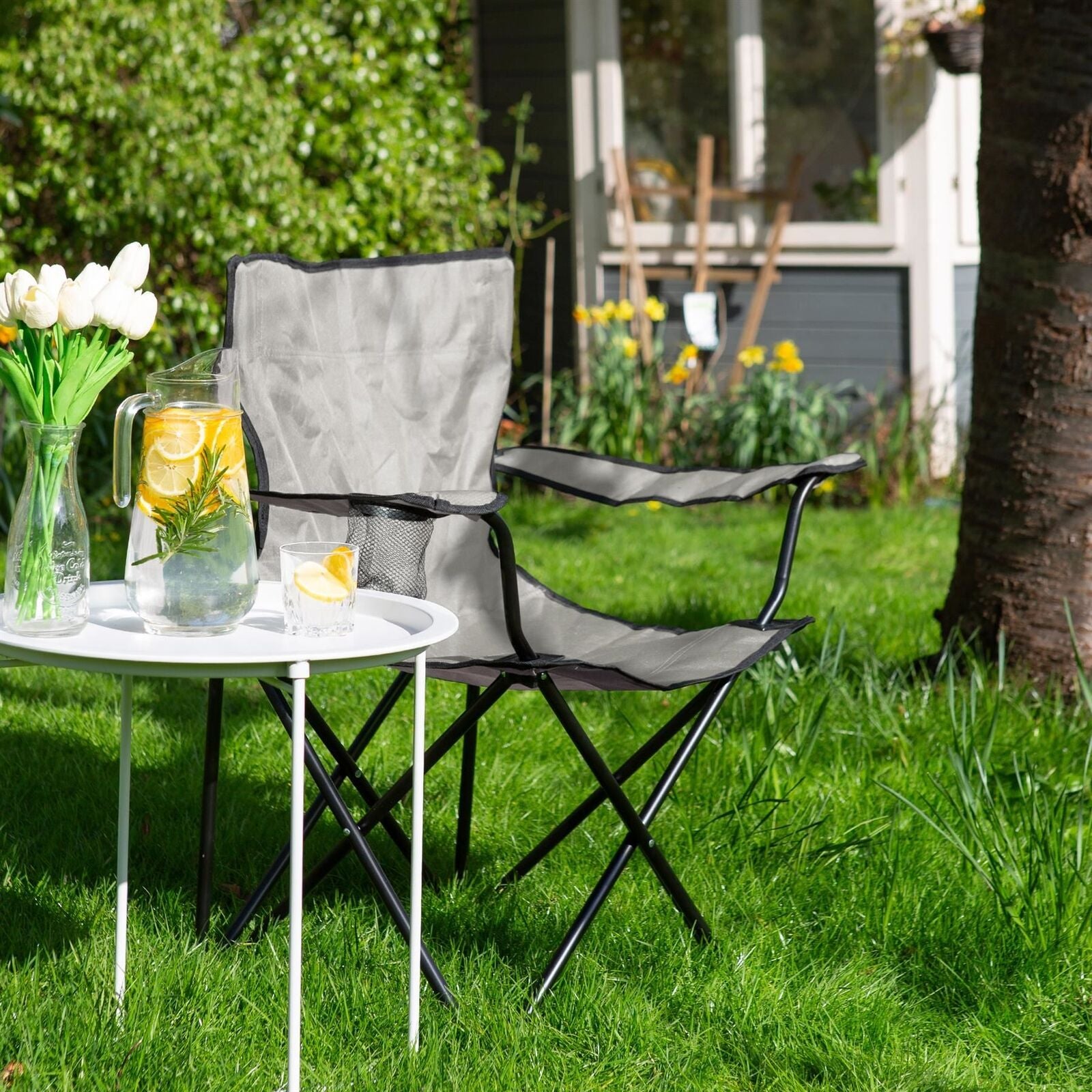 Camping Chair Bundle - 4 x Matt Black/Beige Folding Canvas Camping Fishing Chairs with Bags