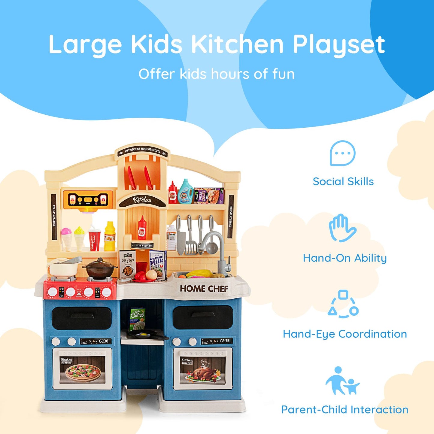Kids Kitchen Pretend Play Playset Toy with Boiling and Vapour Mist Effects - 69 Pieces