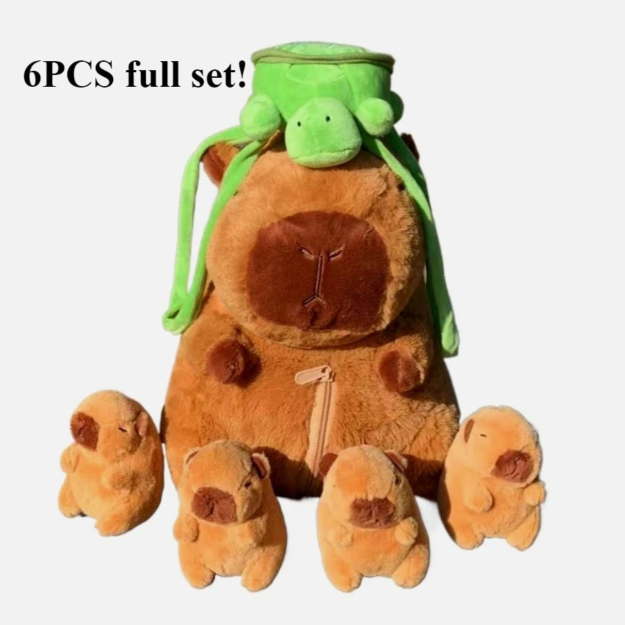 Capybara Complete Family Plush Stuffed Soft Toy Family Set of 5 with Zip Pouch Storage & Turtle Backpack Toy - VIRAL Jellycat Style