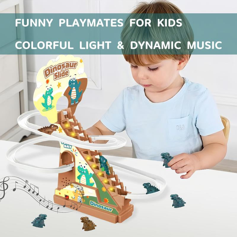 Dinosaur Climbing Stairs Track Slide Toy, Electric Dinosaur Stairs Climbing Slide Toy with 3 Cars, Climbing Track Toy for Kids