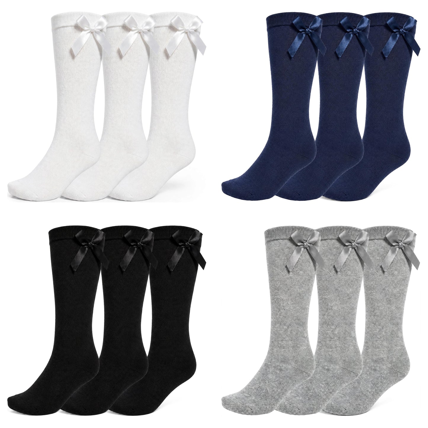 3 Pairs of Girls Knee High Socks with Satin Bow - 4 Colours Available - UK 4-6
