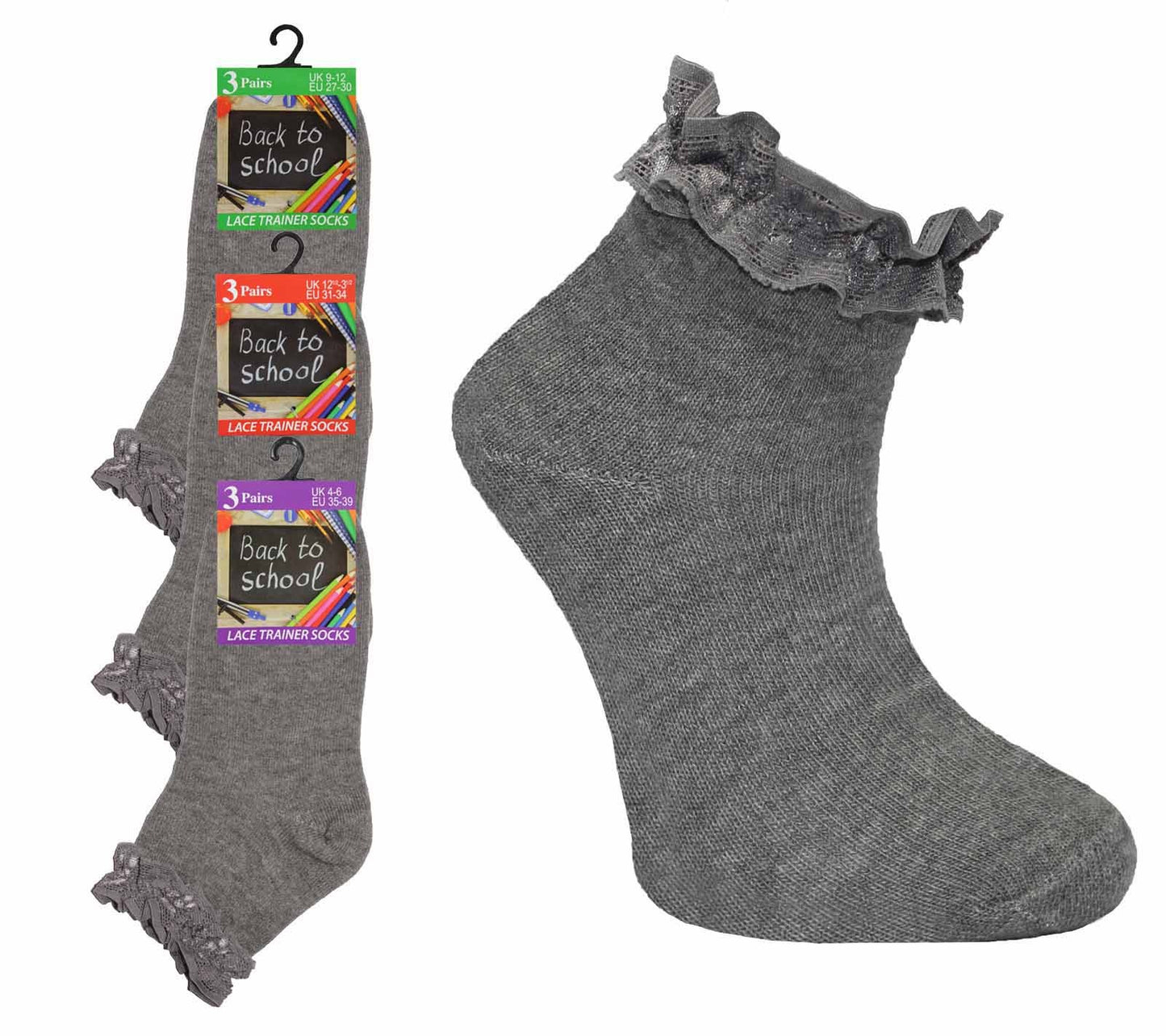 Girls Back To School 3 Pack of Frill Lace Socks - 3 Colours