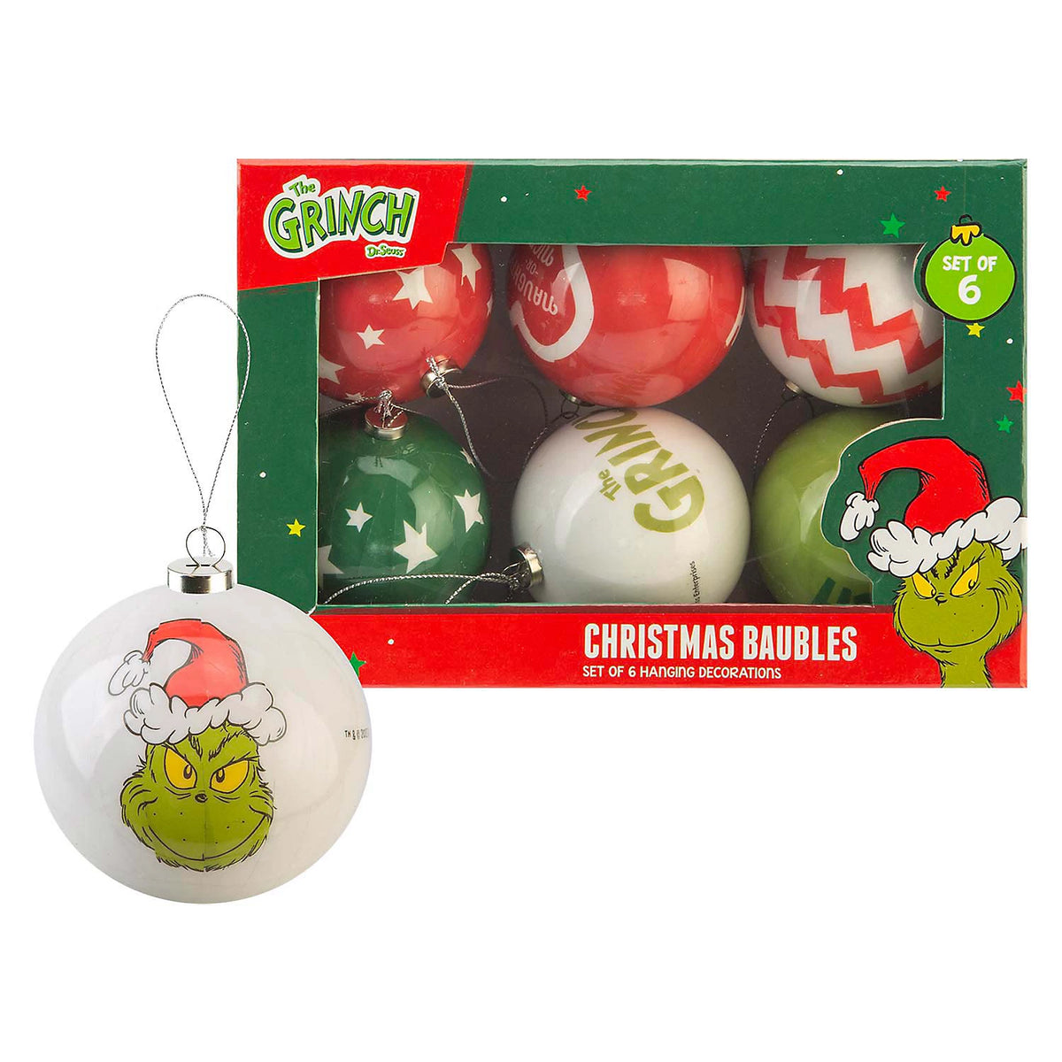 The Grinch Christmas Baubles Set of 6 Tree Decorations 7.5cm x 7.5cm