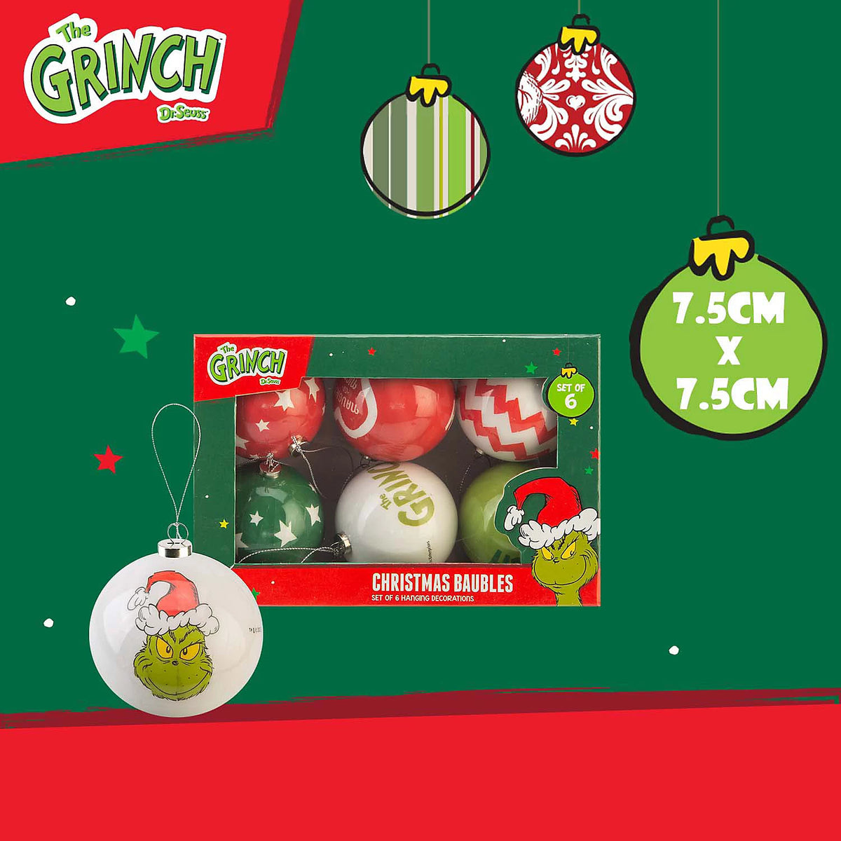 The Grinch Christmas Baubles Set of 6 Tree Decorations 7.5cm x 7.5cm