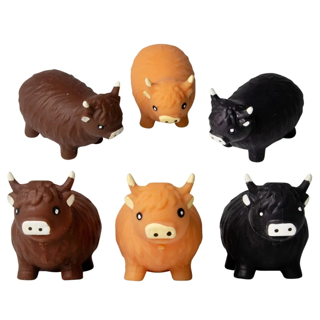 Squishy Highland cow toys in brown, orange and black