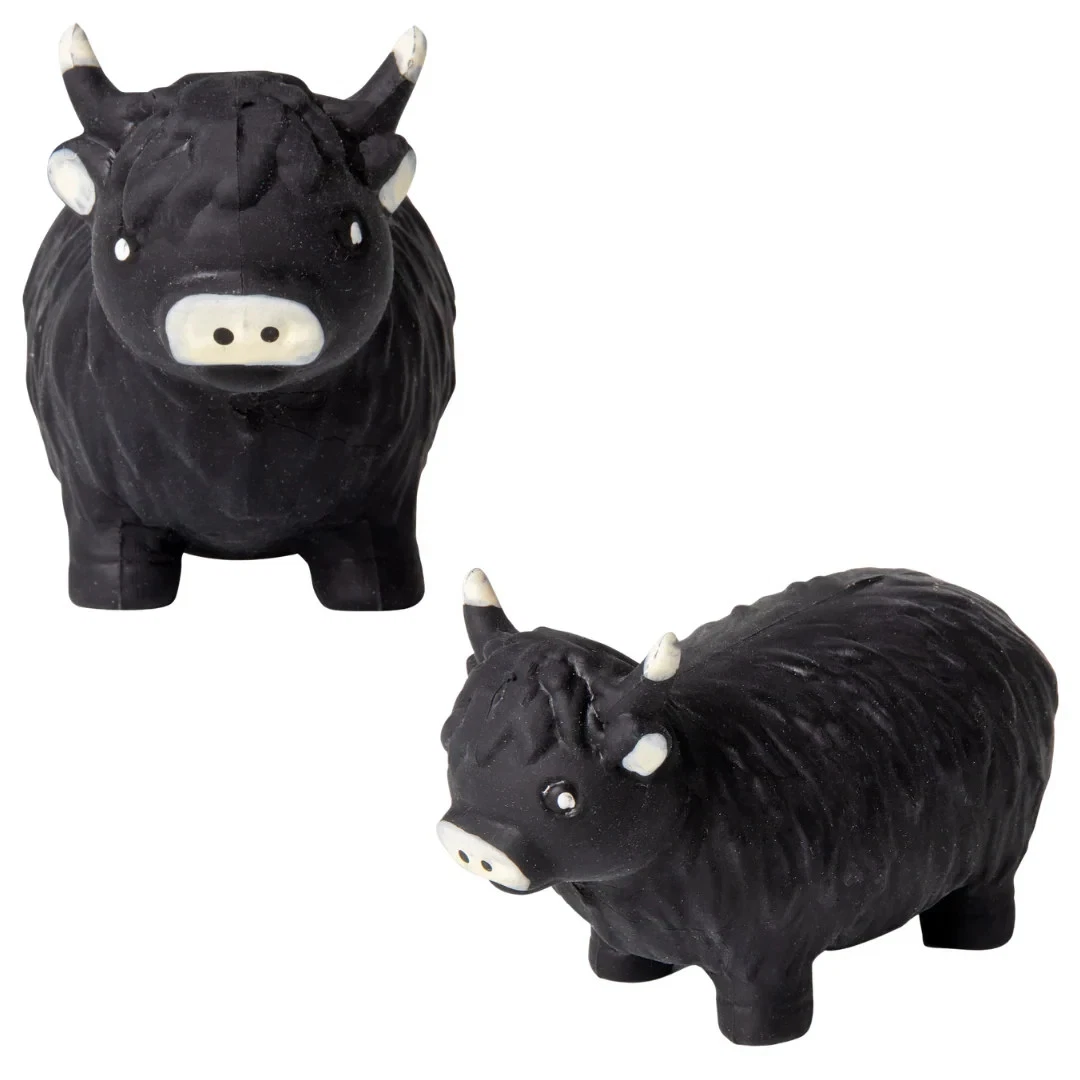 Black squishy Highland cow toy, front and side views