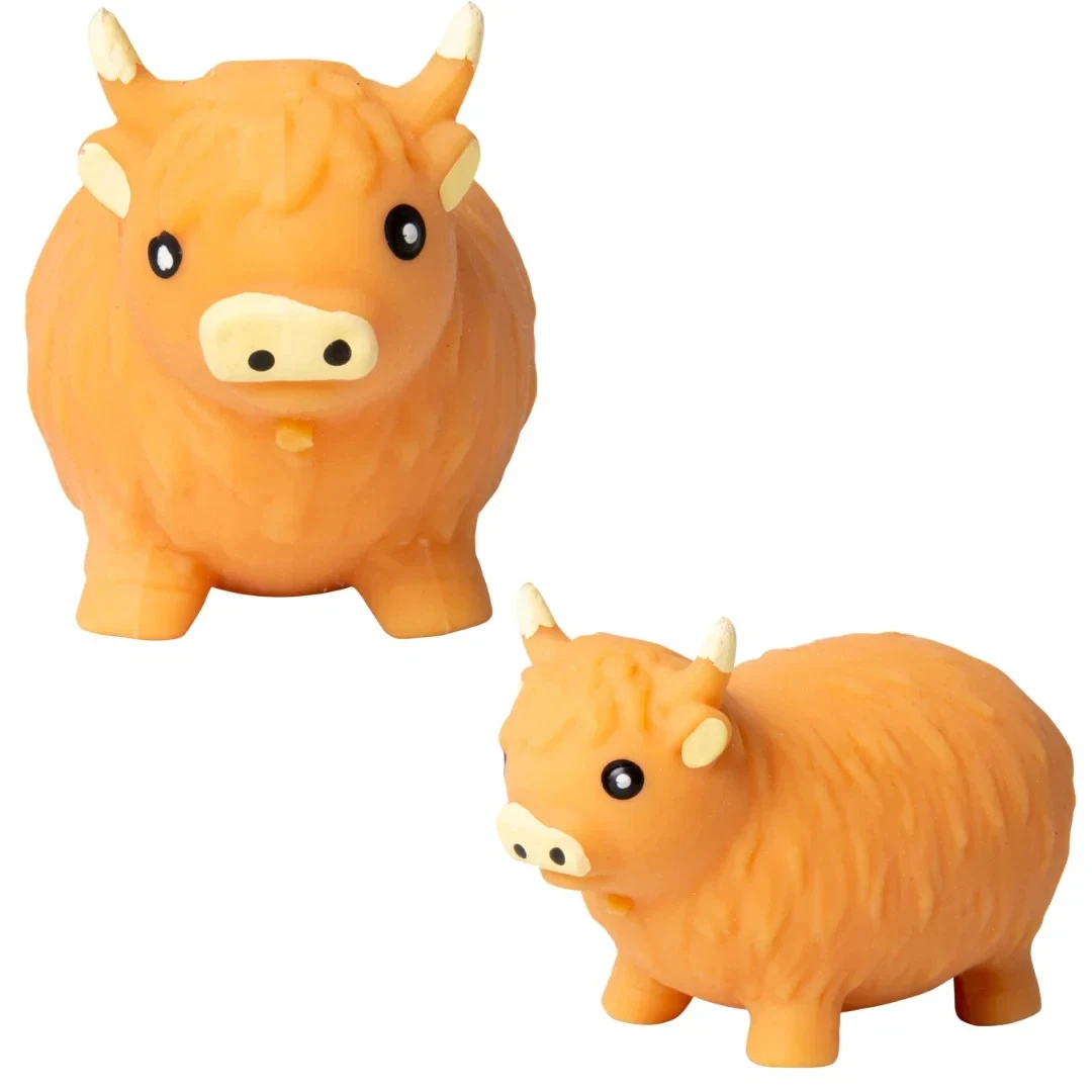 Orange squishy Highland cow toy, front and side views