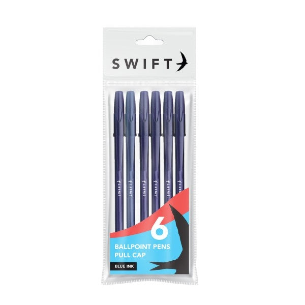 Pull Cap Ballpoint Pens 6pk Blue P3054