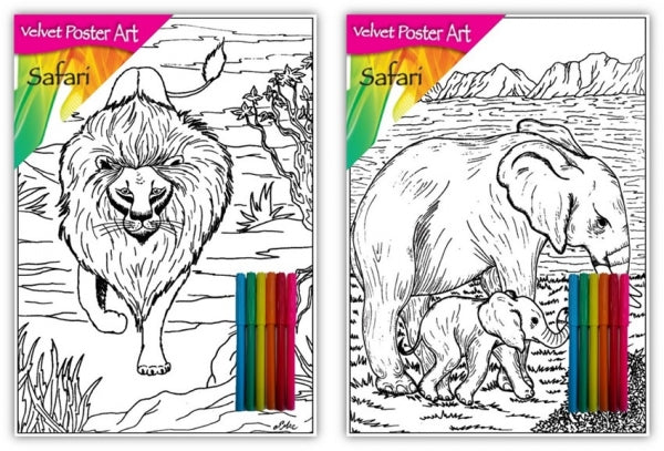 Velvet Poster Art Children's Fun Colouring with Pens Safari 2 25 x 38 cm 2 Designs P3003