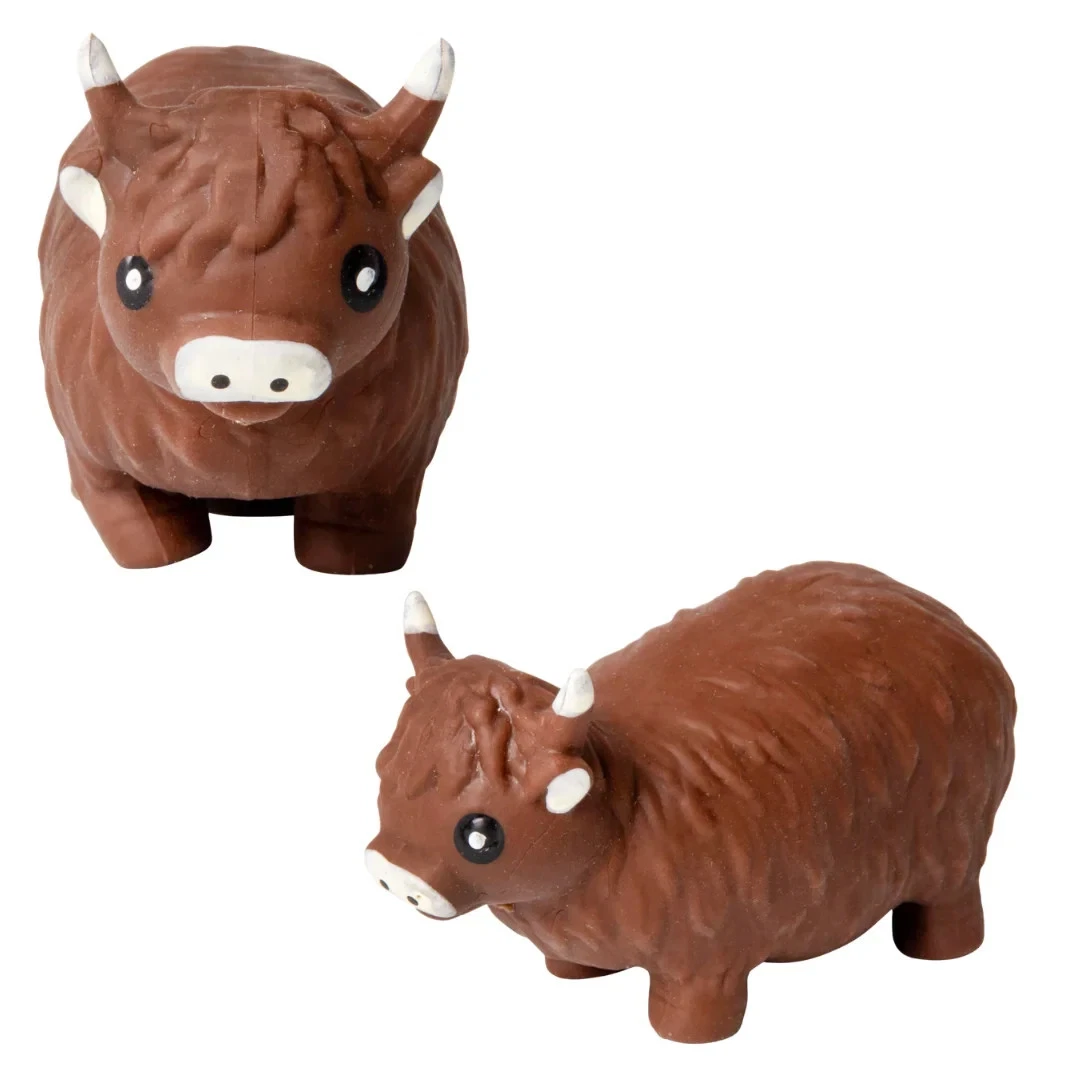 Brown squishy Highland cow toy, front and side views