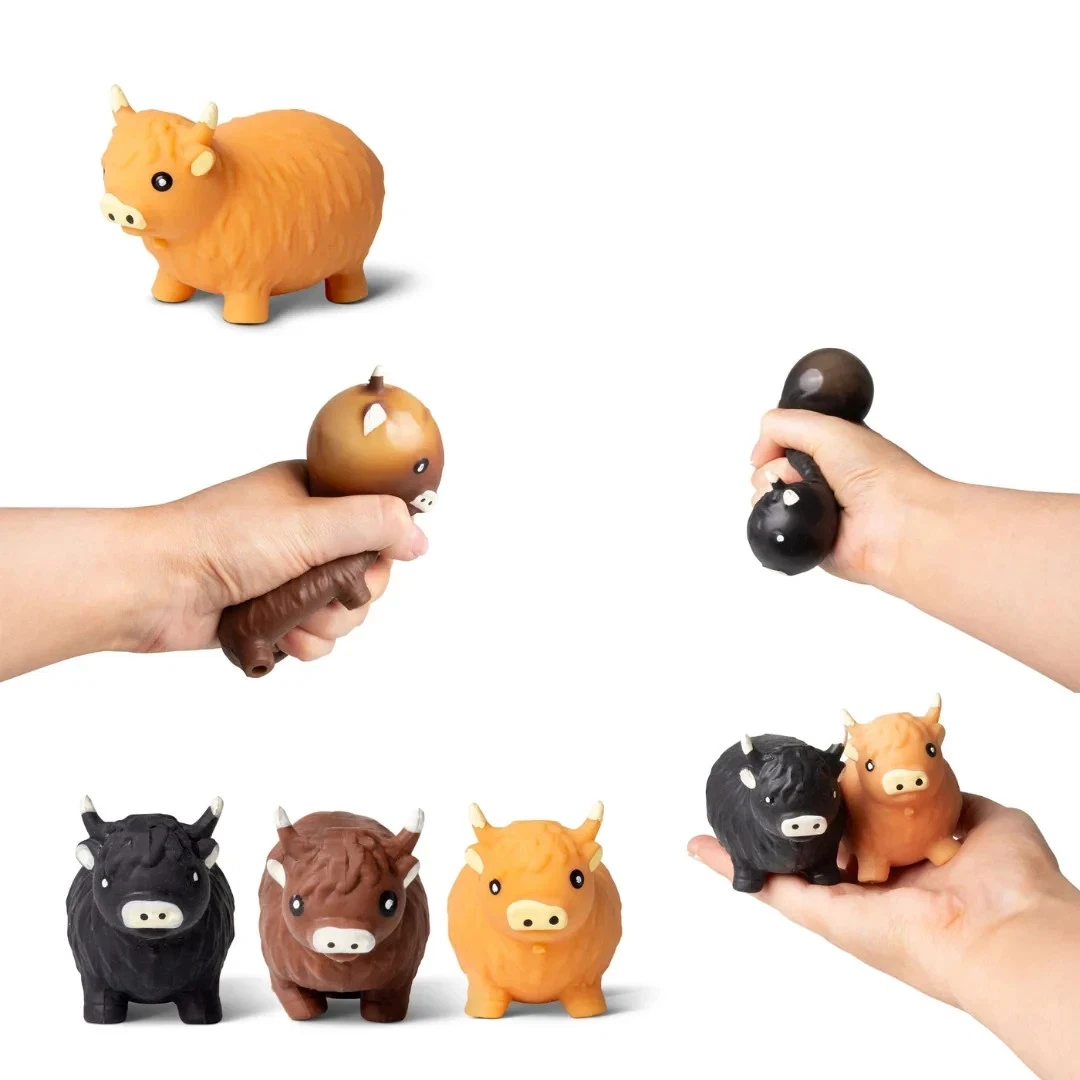 Highland cow fidget toys being squeezed and held