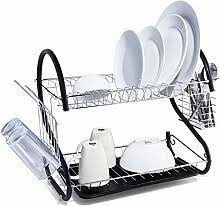 2 Tier Dish Drainer Rack With Cutlery Rack Holds Plates Mugs Cups Anti Slip Black Finish