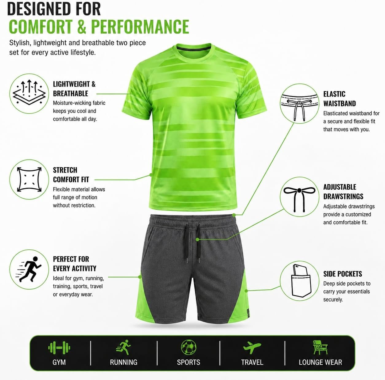 Mens Activewear T-Shirt and Shorts Set - Casual Two Piece Summer Co-Ord Outfit Gym Sportswear Activewear Lightweight Breathable Holiday Summer Set