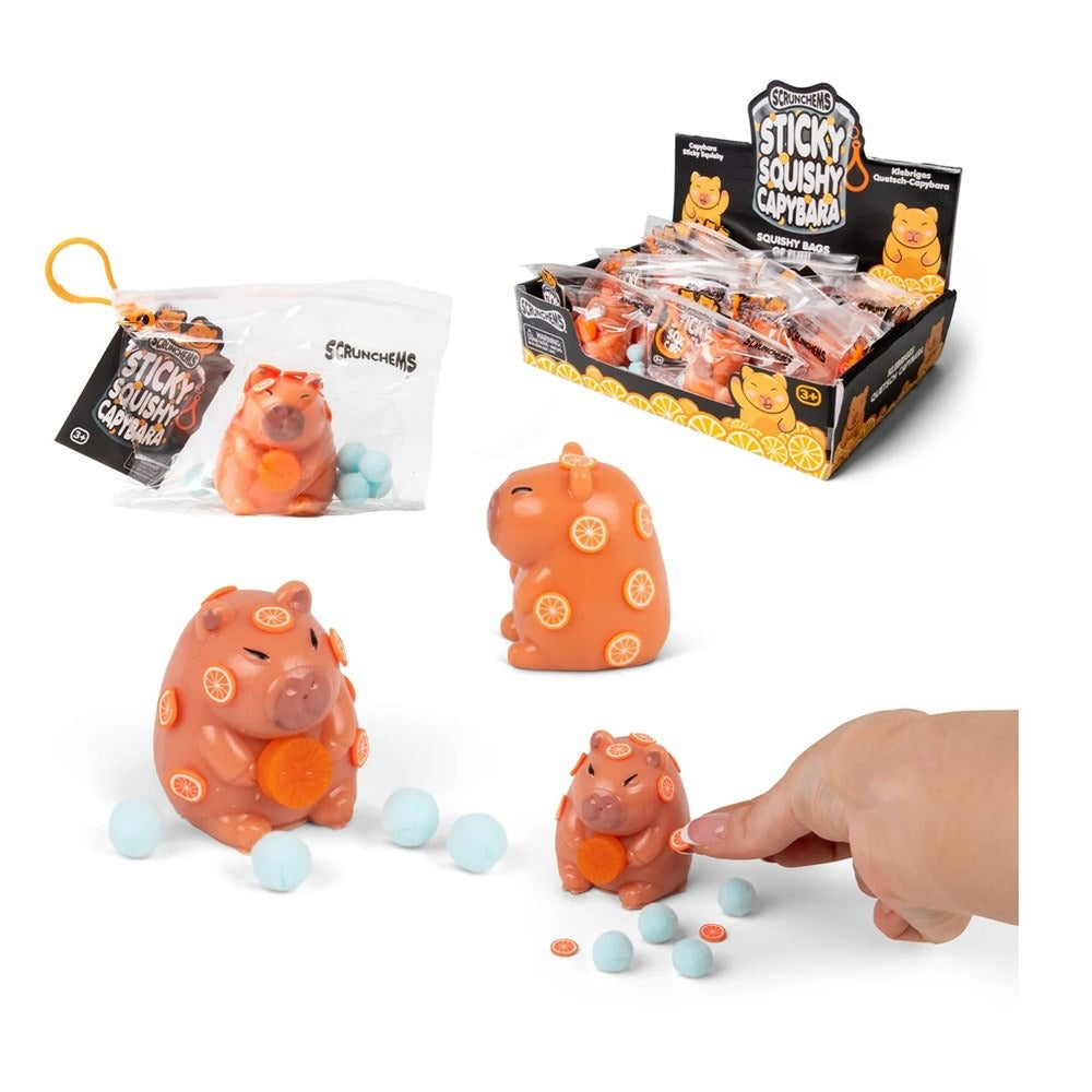 Scrunchems Sticky Squishy Cabybara Fidget Squish Sensory Toy in Bag with Keychain Clip