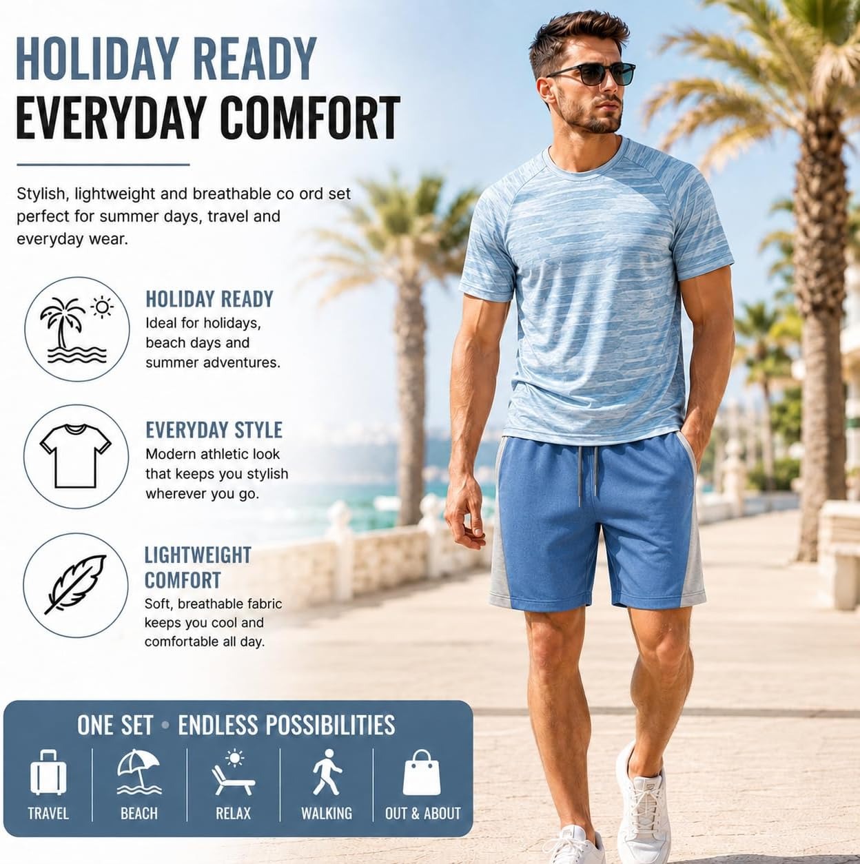 Mens Activewear T-Shirt and Shorts Set - Casual Two Piece Summer Co-Ord Outfit Gym Sportswear Activewear Lightweight Breathable Holiday Summer Set