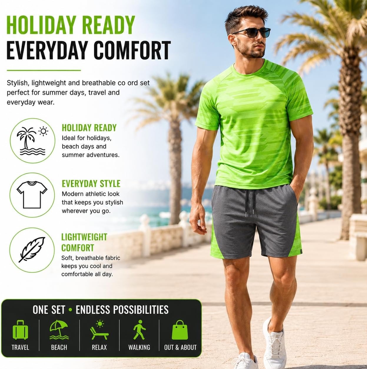 Mens Activewear T-Shirt and Shorts Set - Casual Two Piece Summer Co-Ord Outfit Gym Sportswear Activewear Lightweight Breathable Holiday Summer Set