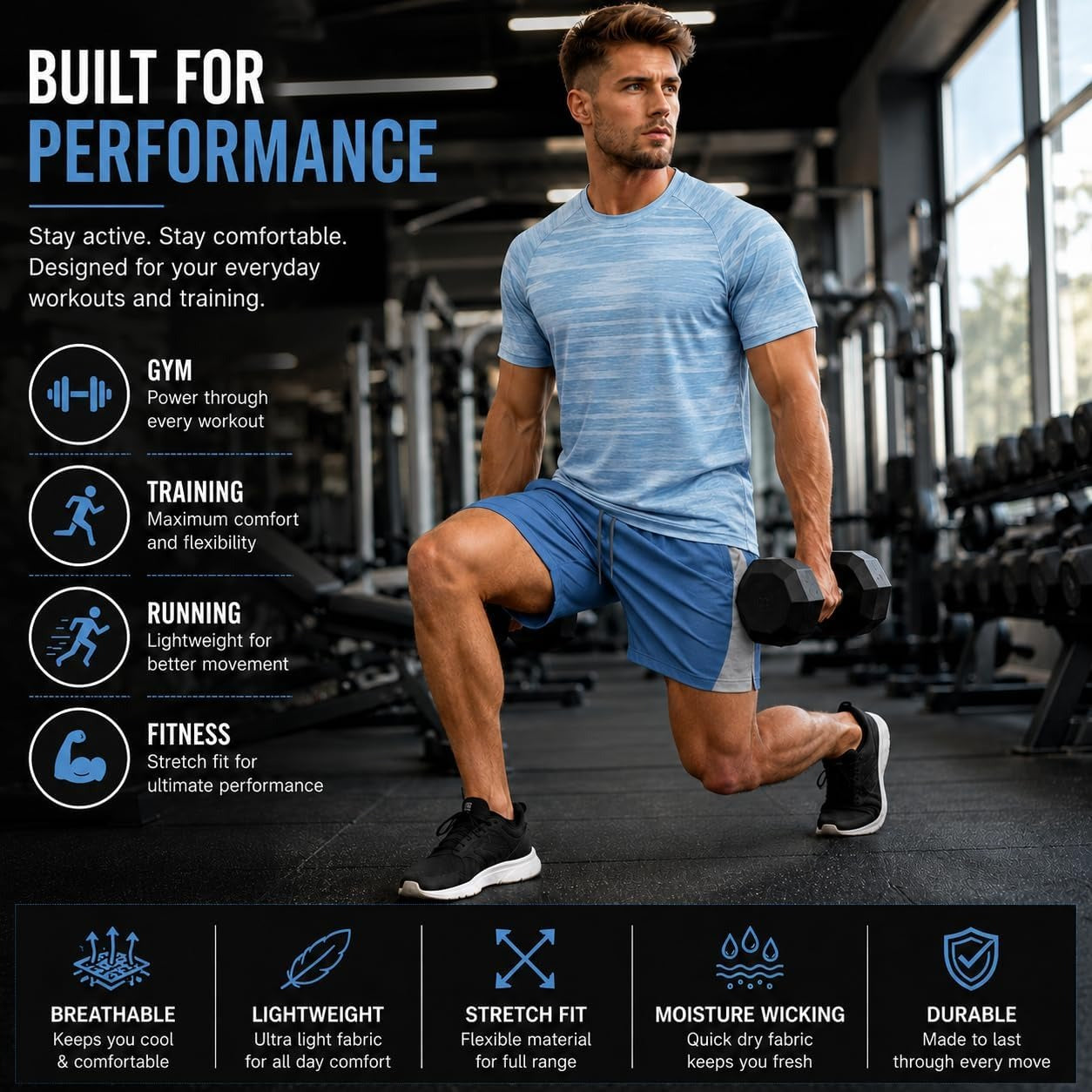 Mens Activewear T-Shirt and Shorts Set - Casual Two Piece Summer Co-Ord Outfit Gym Sportswear Activewear Lightweight Breathable Holiday Summer Set