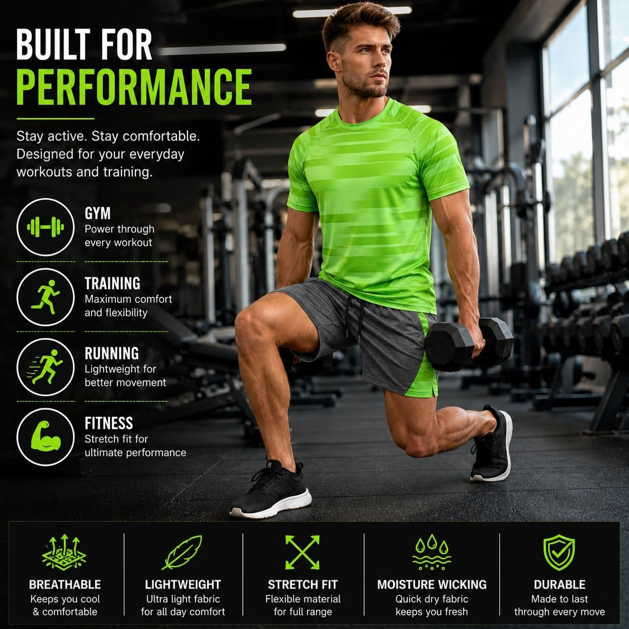 Mens Activewear T-Shirt and Shorts Set - Casual Two Piece Summer Co-Ord Outfit Gym Sportswear Activewear Lightweight Breathable Holiday Summer Set