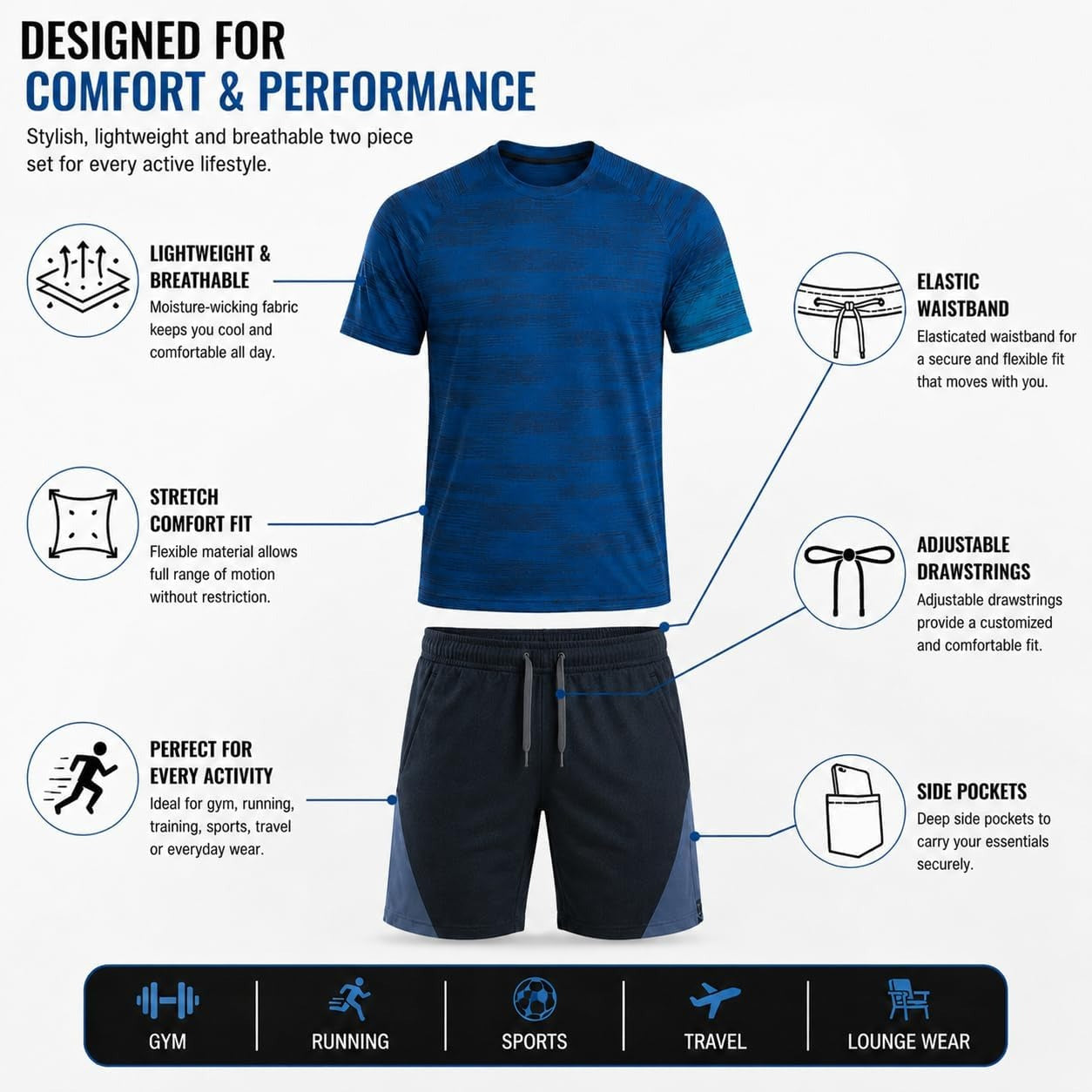 Mens Activewear T-Shirt and Shorts Set - Casual Two Piece Summer Co-Ord Outfit Gym Sportswear Activewear Lightweight Breathable Holiday Summer Set