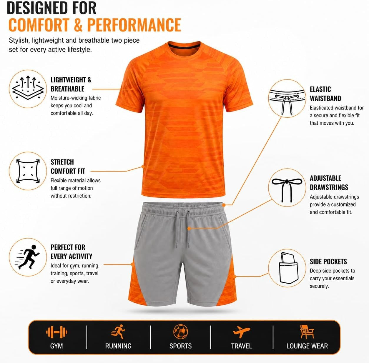 Mens Activewear T-Shirt and Shorts Set - Casual Two Piece Summer Co-Ord Outfit Gym Sportswear Activewear Lightweight Breathable Holiday Summer Set