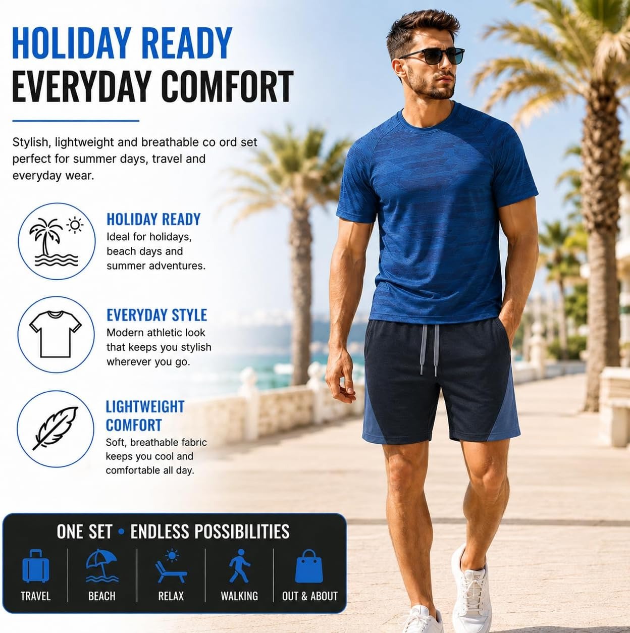 Mens Activewear T-Shirt and Shorts Set - Casual Two Piece Summer Co-Ord Outfit Gym Sportswear Activewear Lightweight Breathable Holiday Summer Set