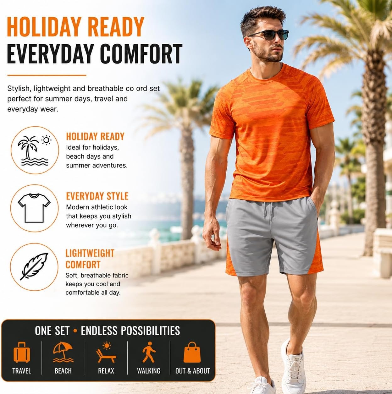 Mens Activewear T-Shirt and Shorts Set - Casual Two Piece Summer Co-Ord Outfit Gym Sportswear Activewear Lightweight Breathable Holiday Summer Set