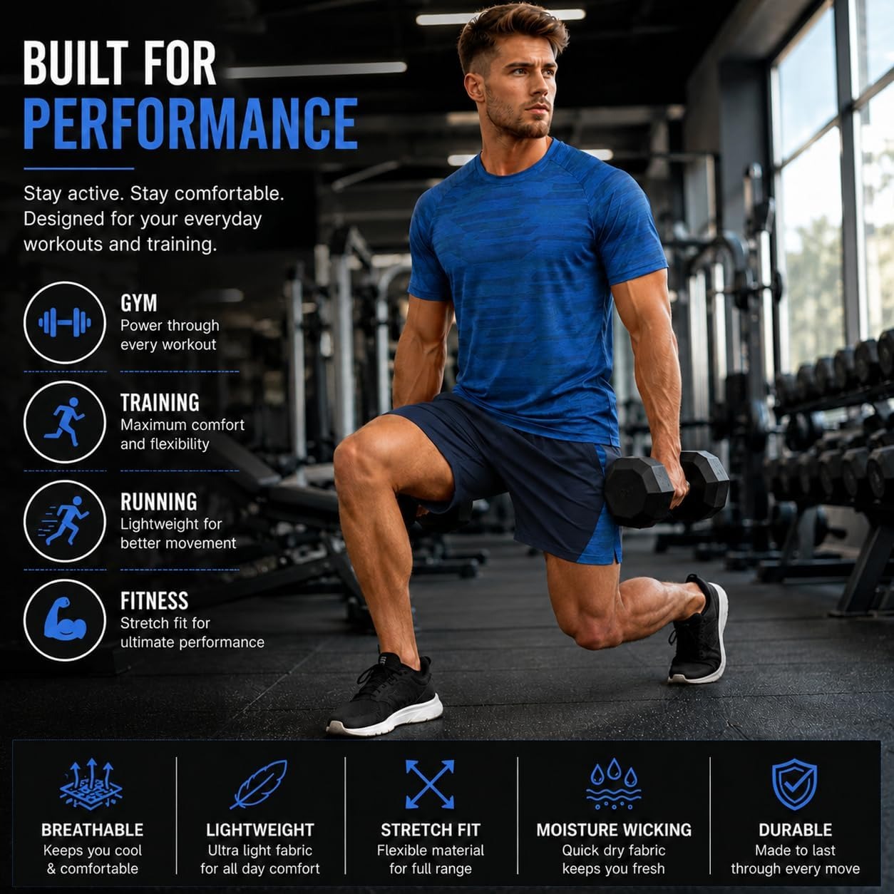 Mens Activewear T-Shirt and Shorts Set - Casual Two Piece Summer Co-Ord Outfit Gym Sportswear Activewear Lightweight Breathable Holiday Summer Set