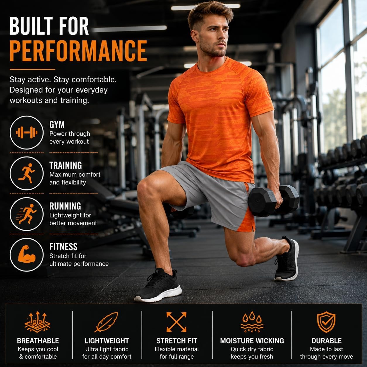 Mens Activewear T-Shirt and Shorts Set - Casual Two Piece Summer Co-Ord Outfit Gym Sportswear Activewear Lightweight Breathable Holiday Summer Set