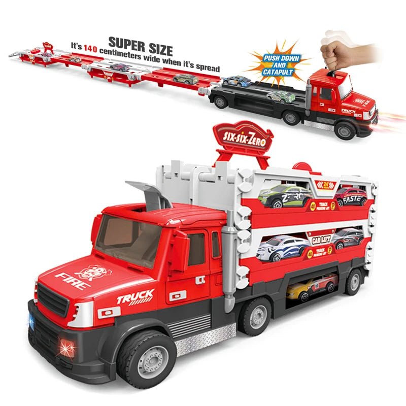 2 in 1 Fire Rescue Transporter Truck With Fire Rescue Vehicles, 140cm Spread Size
