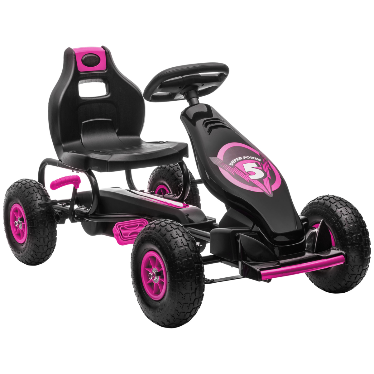 Kids Pedal Go Kart w/ Adjustable Seat, Rubber Wheels, Brake - Pink