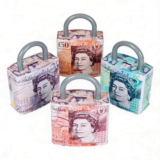 Queen Elizabeth Pound Note Reusable Coin Money Tin Bo x Padlock Shape With Handle Assorted Colours – 211G