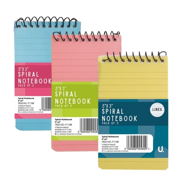 Spiral Notebook 5" x 3" Pack of 5 Assorted Colours P1108