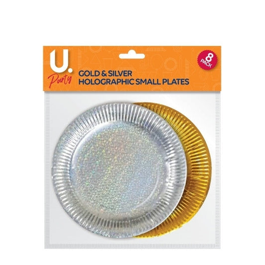 Holographic Small Paper Plates Gold and Silver Pack of 8 P1401