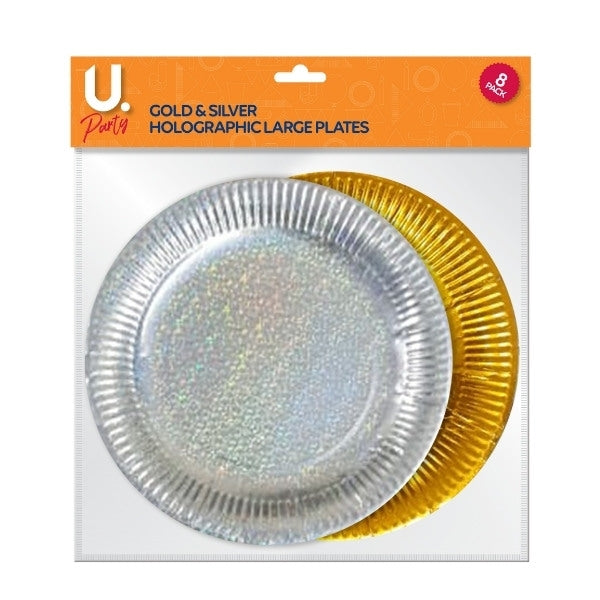 Holographic Large Paper Plates Gold and Silver Pack of 8 P1402
