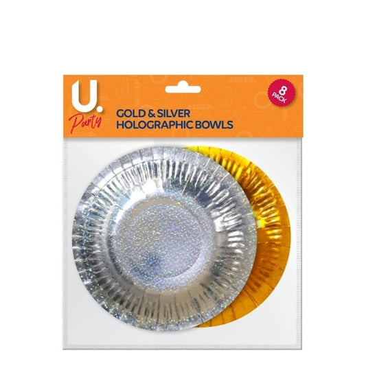 Holographic Paper Bowls Gold and Silver Pack of 8 P1403